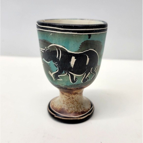 Vintage Stone Egg Cup Kenya Rhino Africa Safari Savanna Hand Carved Etched 3" - Picture 2 of 10